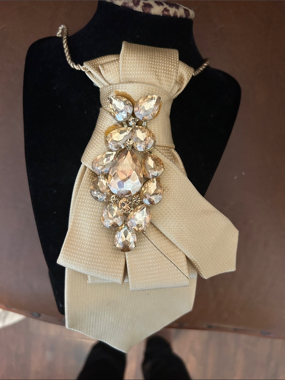 Champagne Crystal Statement Necklace with Fabric Bow